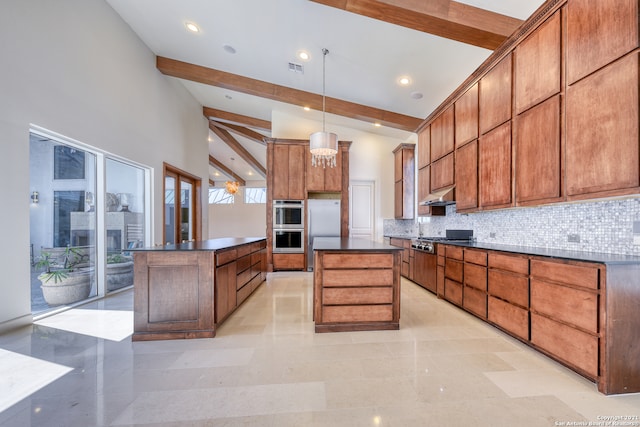 kitchen with lofted ceiling with beams, light tile flooring, a kitchen island, and pendant lighting