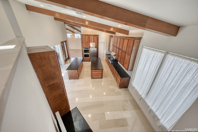 stairs with lofted ceiling with beams and light tile flooring