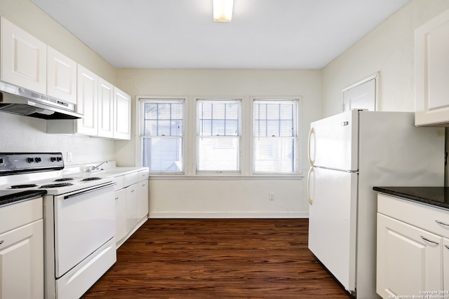 kitchen featuring white appliances, sink, dark hardwood / wood-style floors, and white cabinetry