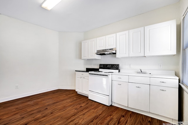 kitchen featuring white cabinetry, white electric stove, and dark hardwood / wood-style floors