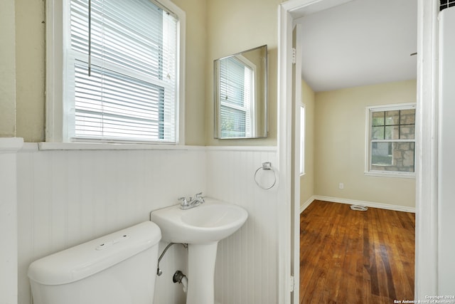 bathroom featuring a healthy amount of sunlight, hardwood / wood-style floors, and toilet