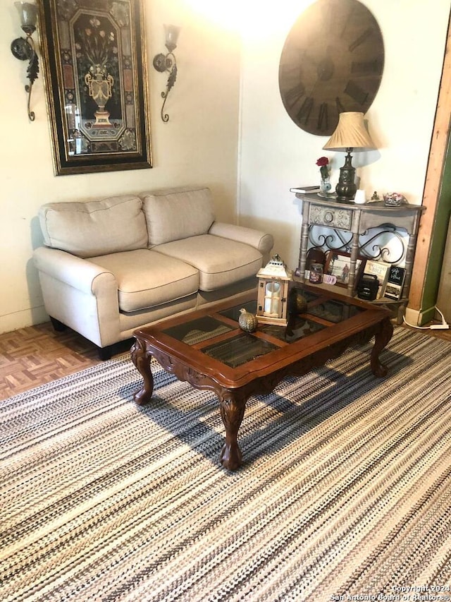 living room with parquet floors