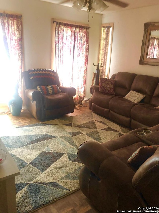 living room featuring ceiling fan