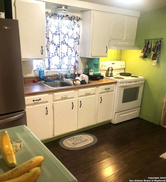 kitchen with white cabinetry, white electric range oven, dark hardwood / wood-style floors, stainless steel refrigerator, and sink