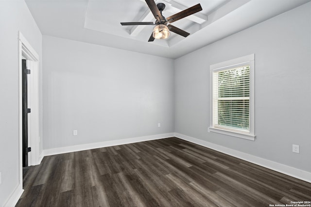 unfurnished room featuring a tray ceiling, ceiling fan, and dark hardwood / wood-style floors