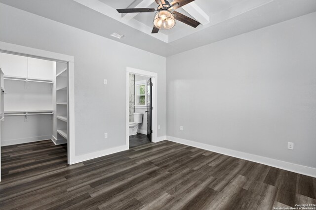 unfurnished bedroom featuring a closet, ceiling fan, and dark hardwood / wood-style floors