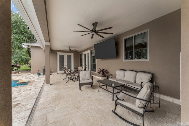 view of patio / terrace featuring outdoor lounge area, ceiling fan, and french doors