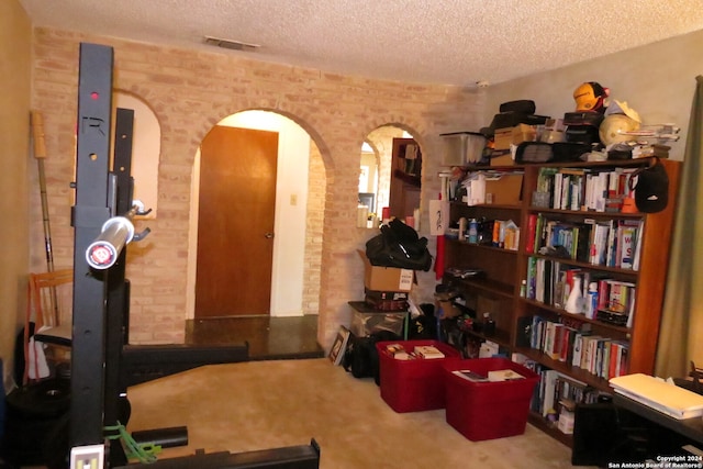 misc room with brick wall, a textured ceiling, and carpet floors