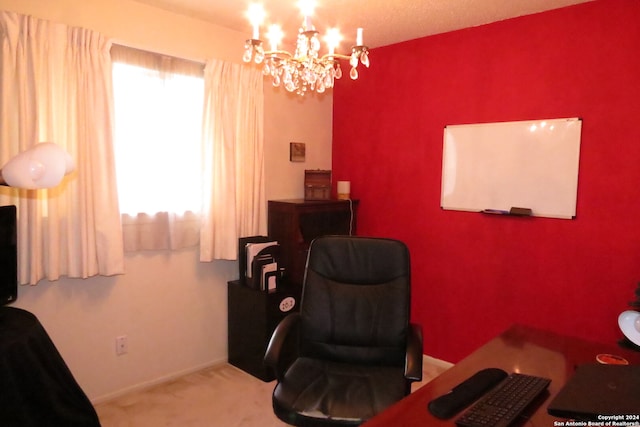 carpeted office space with an inviting chandelier