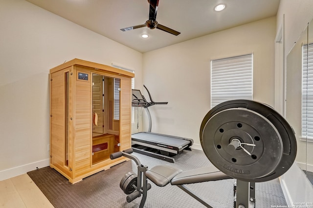 exercise room featuring ceiling fan and hardwood / wood-style floors