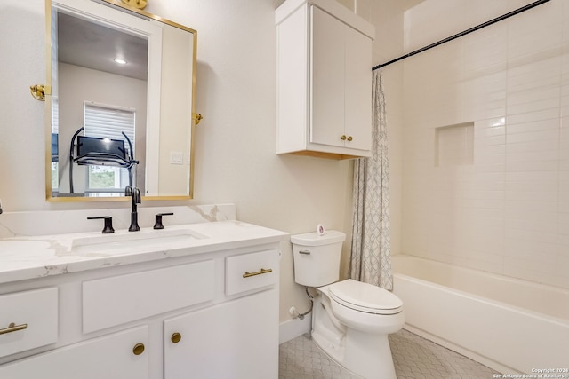 full bathroom featuring tile floors, vanity, toilet, and shower / bathtub combination with curtain