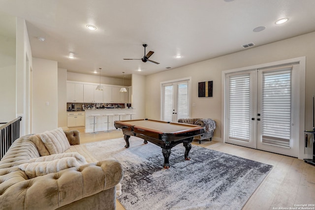 playroom with french doors, billiards, ceiling fan, and light hardwood / wood-style flooring