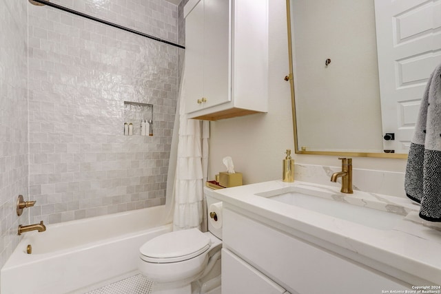 full bathroom with tile flooring, shower / tub combo, toilet, and large vanity