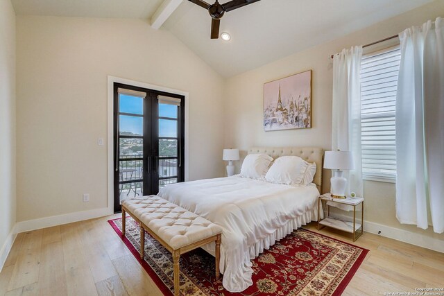 bedroom featuring access to exterior, ceiling fan, vaulted ceiling with beams, light wood-type flooring, and french doors