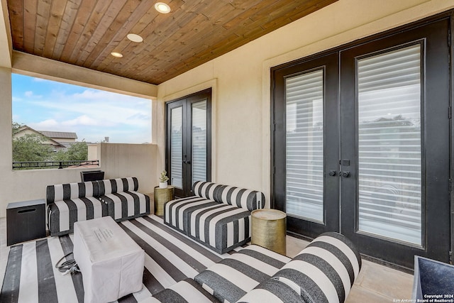 exterior space with tile flooring, french doors, and wood ceiling