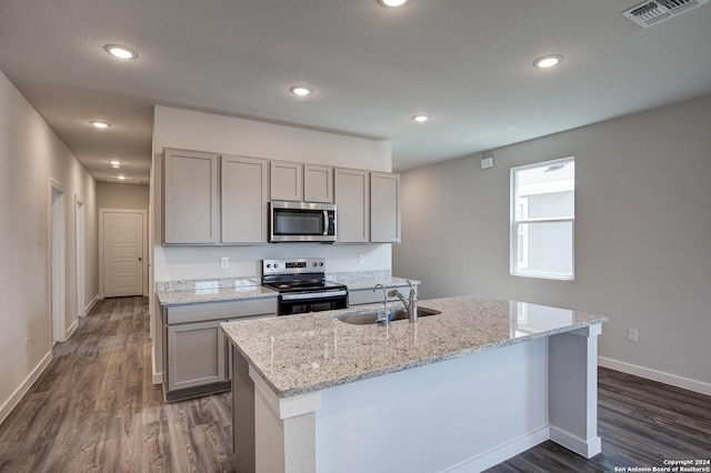 kitchen featuring appliances with stainless steel finishes, sink, gray cabinetry, and a center island with sink