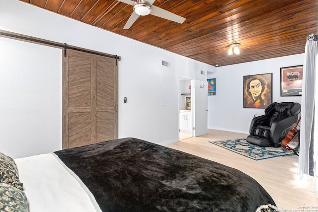 bedroom featuring a barn door, wooden ceiling, hardwood / wood-style flooring, and ceiling fan