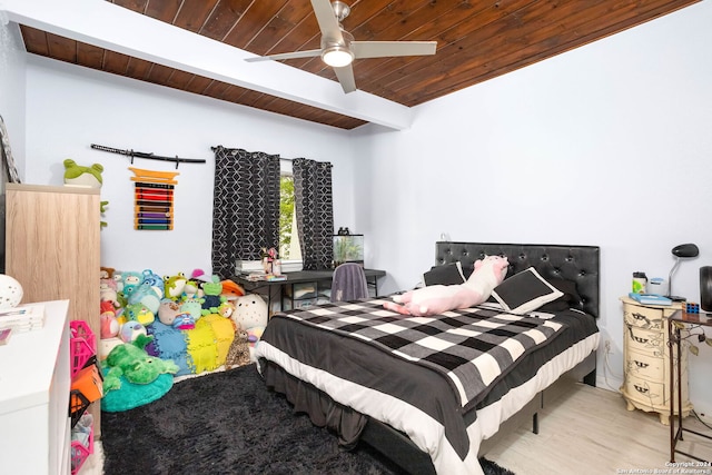 bedroom featuring beamed ceiling, hardwood / wood-style floors, ceiling fan, and wood ceiling