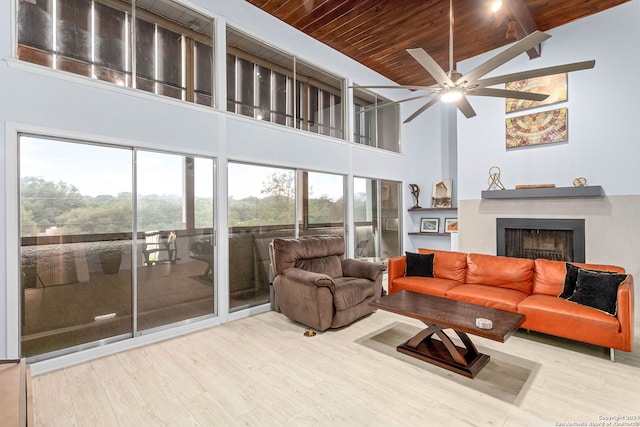 living room featuring high vaulted ceiling, wood-type flooring, ceiling fan, and wood ceiling