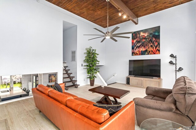 living room with ceiling fan, beam ceiling, wood-type flooring, high vaulted ceiling, and wooden ceiling