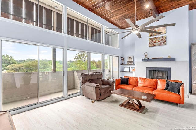 living room with high vaulted ceiling, ceiling fan, hardwood / wood-style floors, and wood ceiling