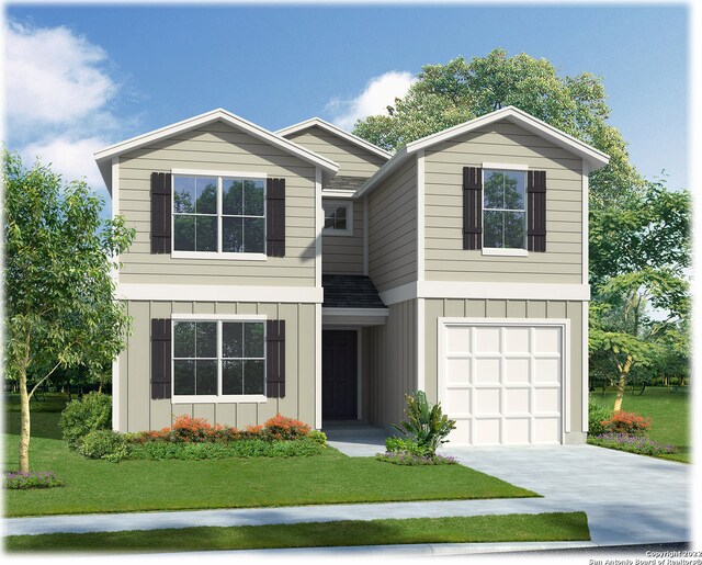 view of front of house with a garage, driveway, board and batten siding, and a front lawn