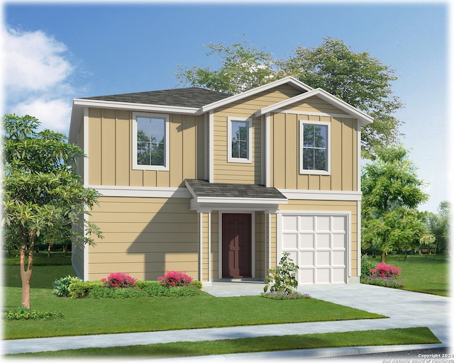 view of front of property featuring a garage and a front yard