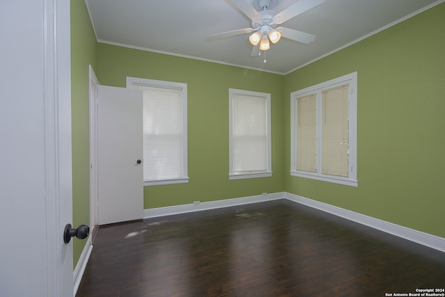 unfurnished room with ceiling fan, ornamental molding, and hardwood / wood-style flooring