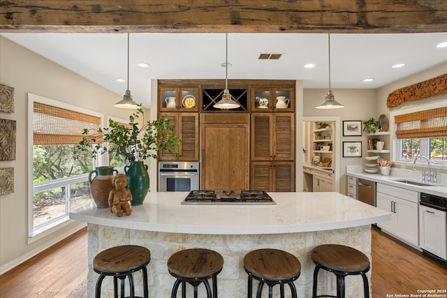 kitchen with appliances with stainless steel finishes, a healthy amount of sunlight, and wood-type flooring