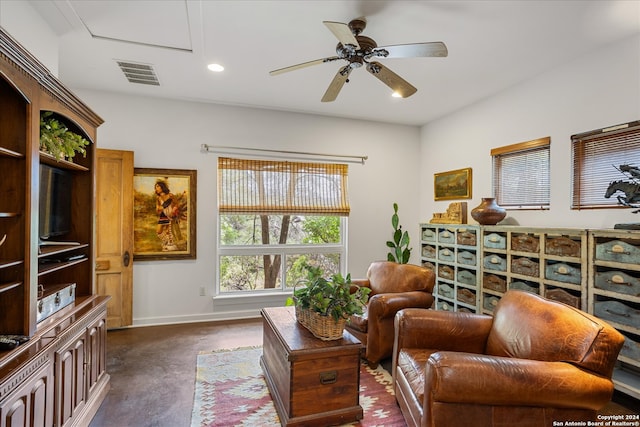 living room featuring ceiling fan