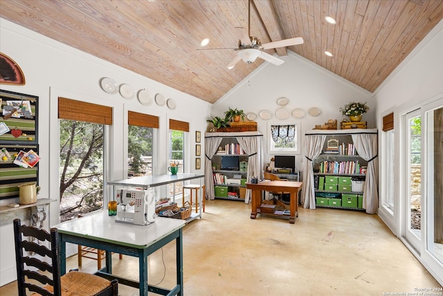 office featuring high vaulted ceiling, concrete floors, ceiling fan, and wood ceiling