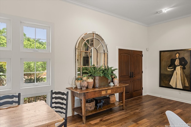 foyer entrance featuring dark wood-type flooring and ornamental molding