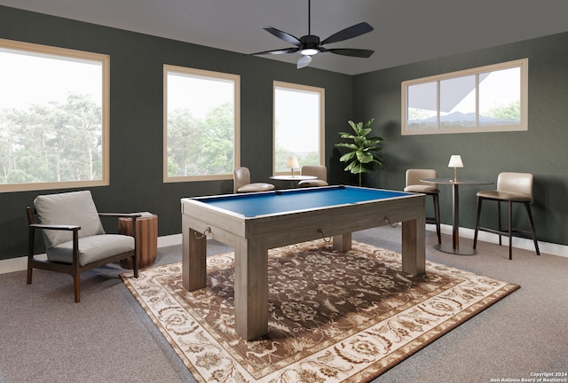 rec room with light colored carpet, ceiling fan, and pool table