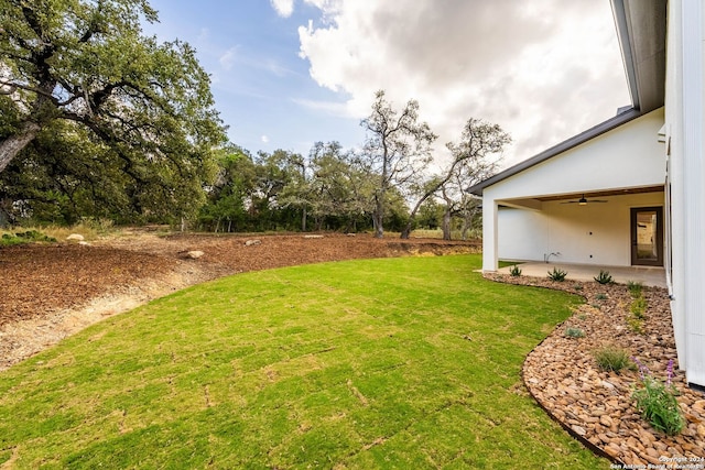 view of yard with a patio and ceiling fan