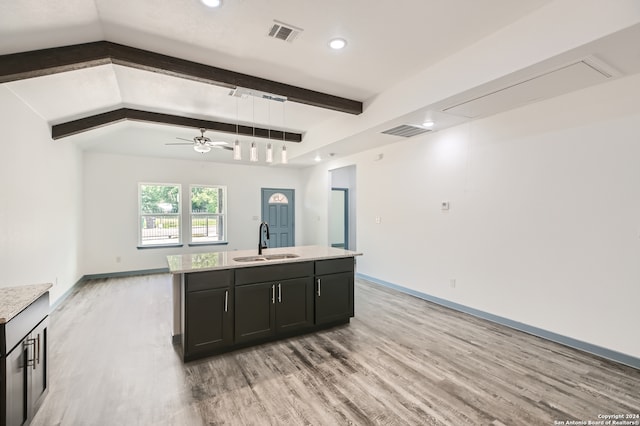 kitchen featuring an island with sink, sink, and light hardwood / wood-style flooring