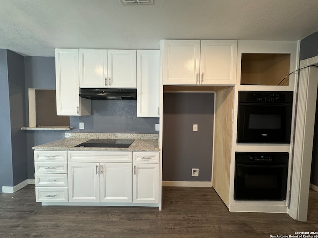 kitchen featuring black appliances, white cabinets, and dark wood-type flooring