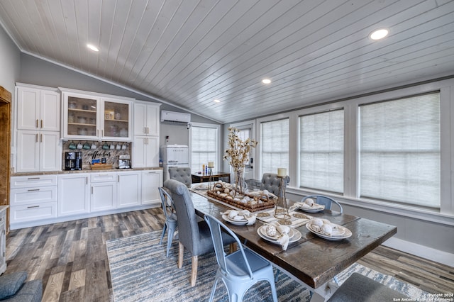 dining space with wooden ceiling, lofted ceiling, a wall unit AC, and hardwood / wood-style floors