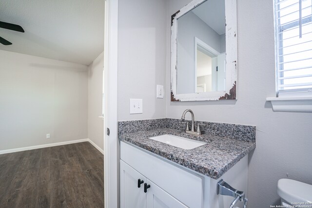 bathroom with hardwood / wood-style floors, toilet, and large vanity