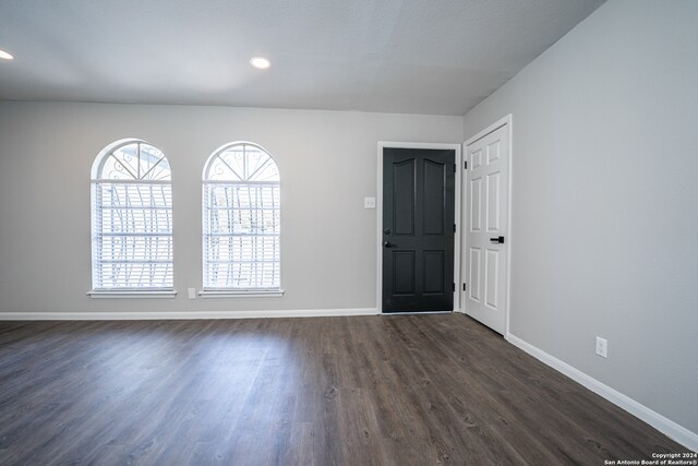 spare room featuring plenty of natural light and dark hardwood / wood-style flooring