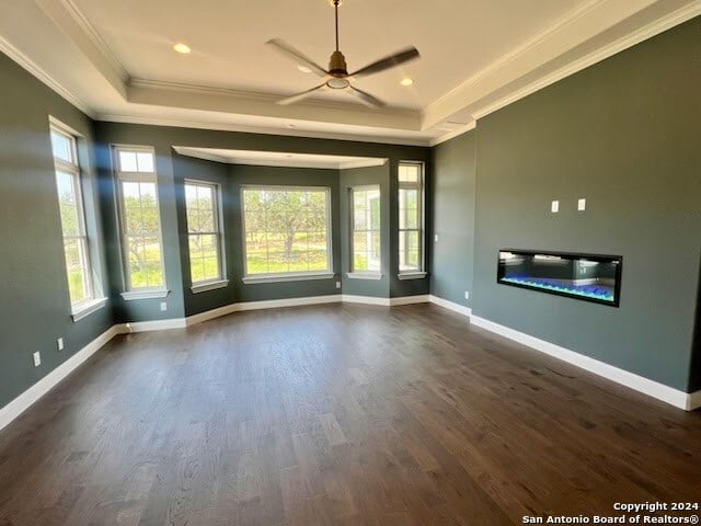 empty room featuring a tray ceiling, ceiling fan, ornamental molding, and dark hardwood / wood-style floors