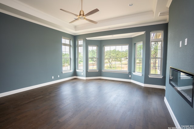 unfurnished room featuring dark hardwood / wood-style floors, a healthy amount of sunlight, a raised ceiling, and ceiling fan