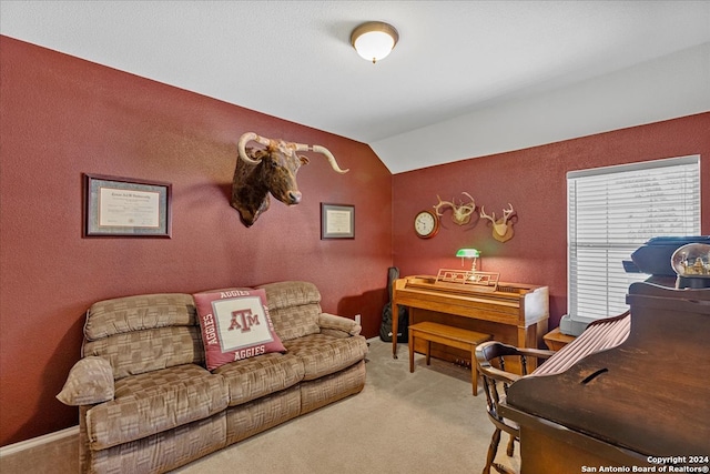 carpeted living room with vaulted ceiling