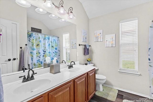 bathroom featuring wood-type flooring, toilet, lofted ceiling, and dual bowl vanity