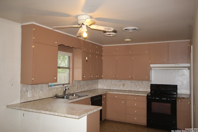 kitchen with sink, black appliances, ceiling fan, and tasteful backsplash