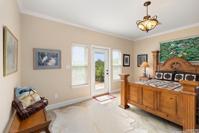 bedroom featuring light carpet, ornamental molding, and access to exterior