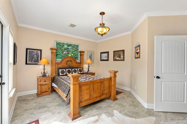 tiled bedroom featuring ornamental molding