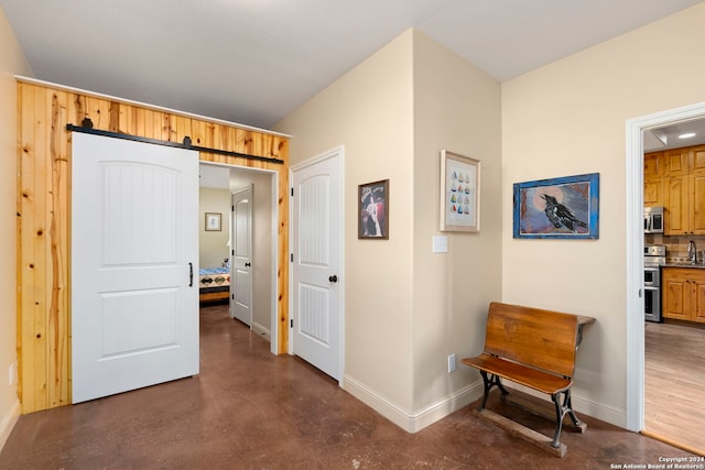 corridor featuring a barn door, sink, and dark hardwood / wood-style floors