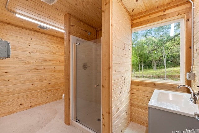 bathroom featuring wooden ceiling, walk in shower, vanity, and wood walls