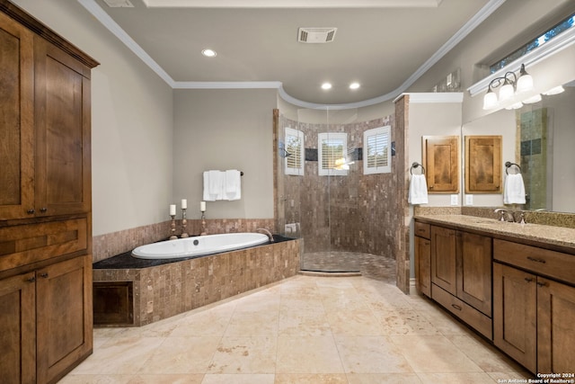 bathroom with shower with separate bathtub, vanity, tile floors, and ornamental molding