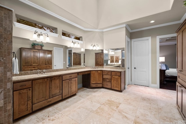 bathroom with a towering ceiling, tile flooring, ornamental molding, and dual bowl vanity